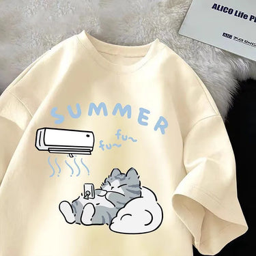 KittyNook Cat Co. Cute Cat Print T-shirt: Cream tee with cat under AC,